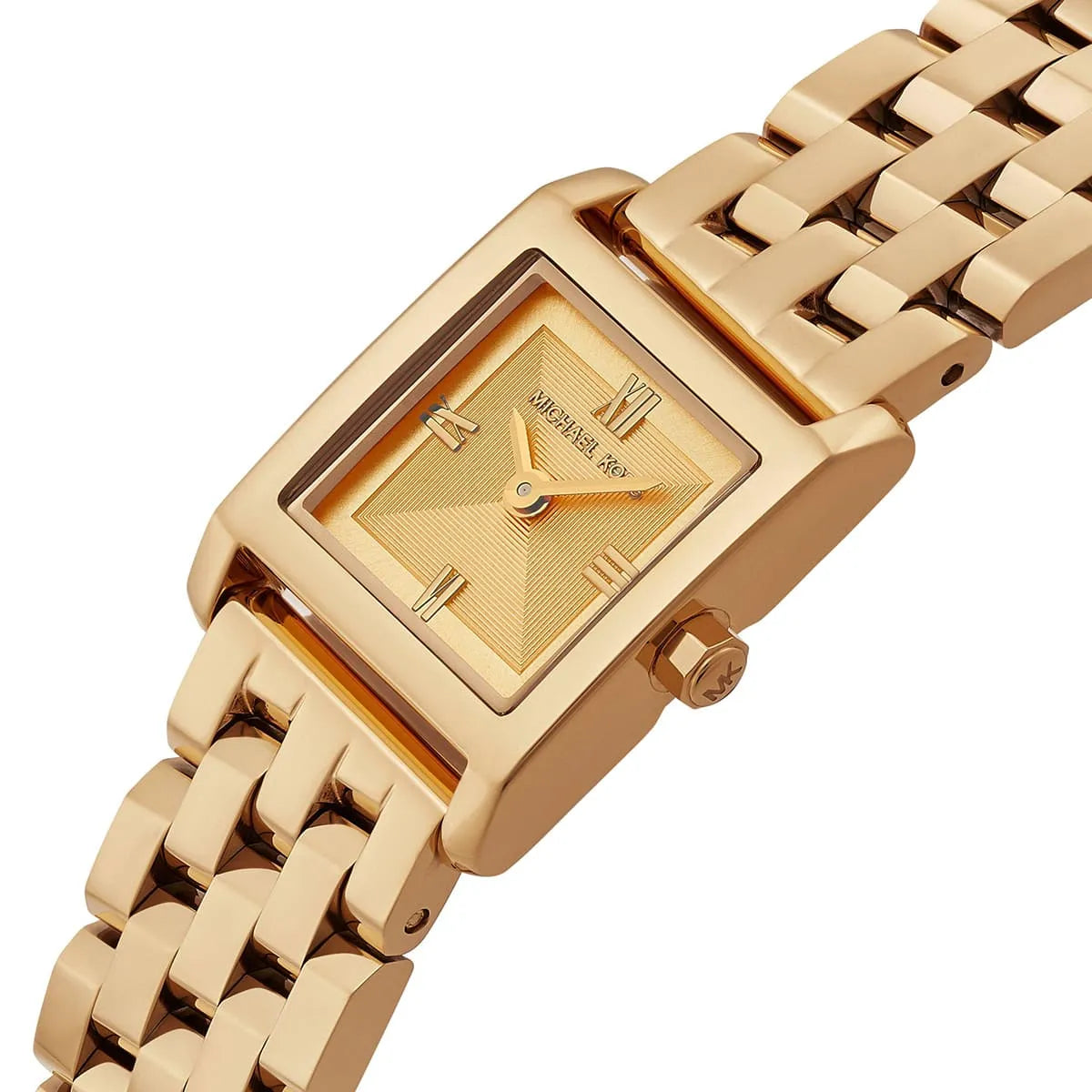 Michael Kors Georgie women's watch three-quarter view with gold square dial and bracelet