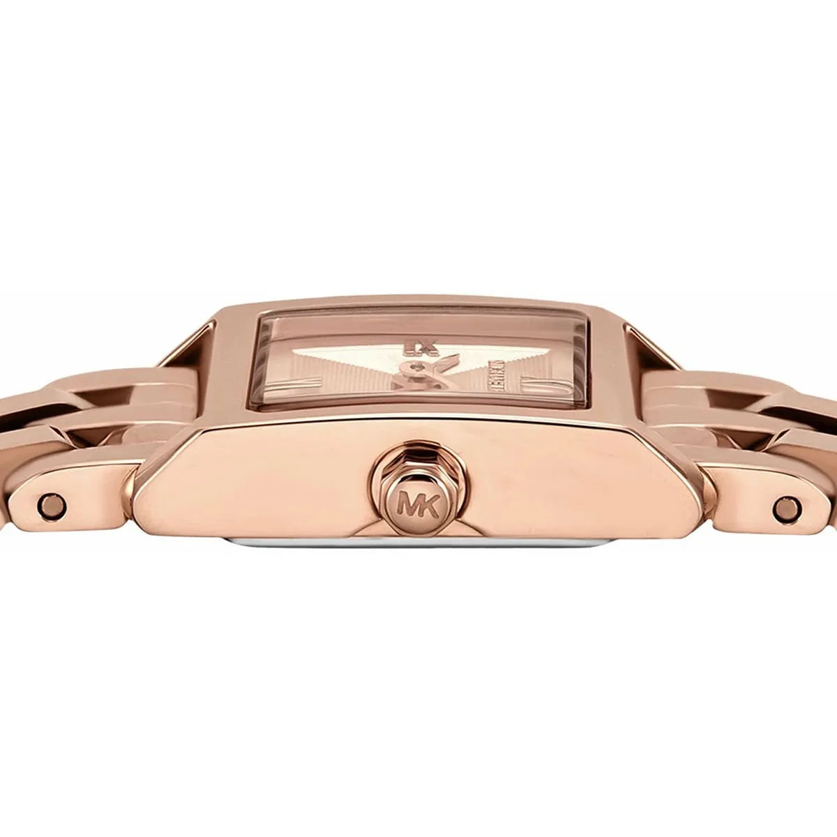 Top-down view of Georgie watch case back with MK logo and rose gold finish