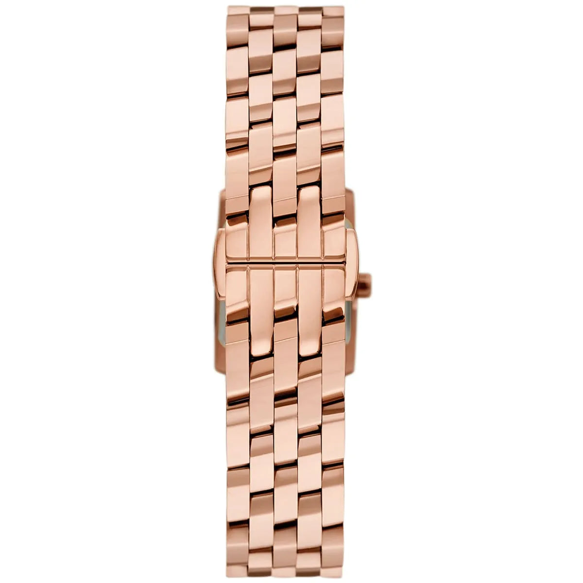 Rose gold stainless steel bracelet with three-link pattern and watch clasp