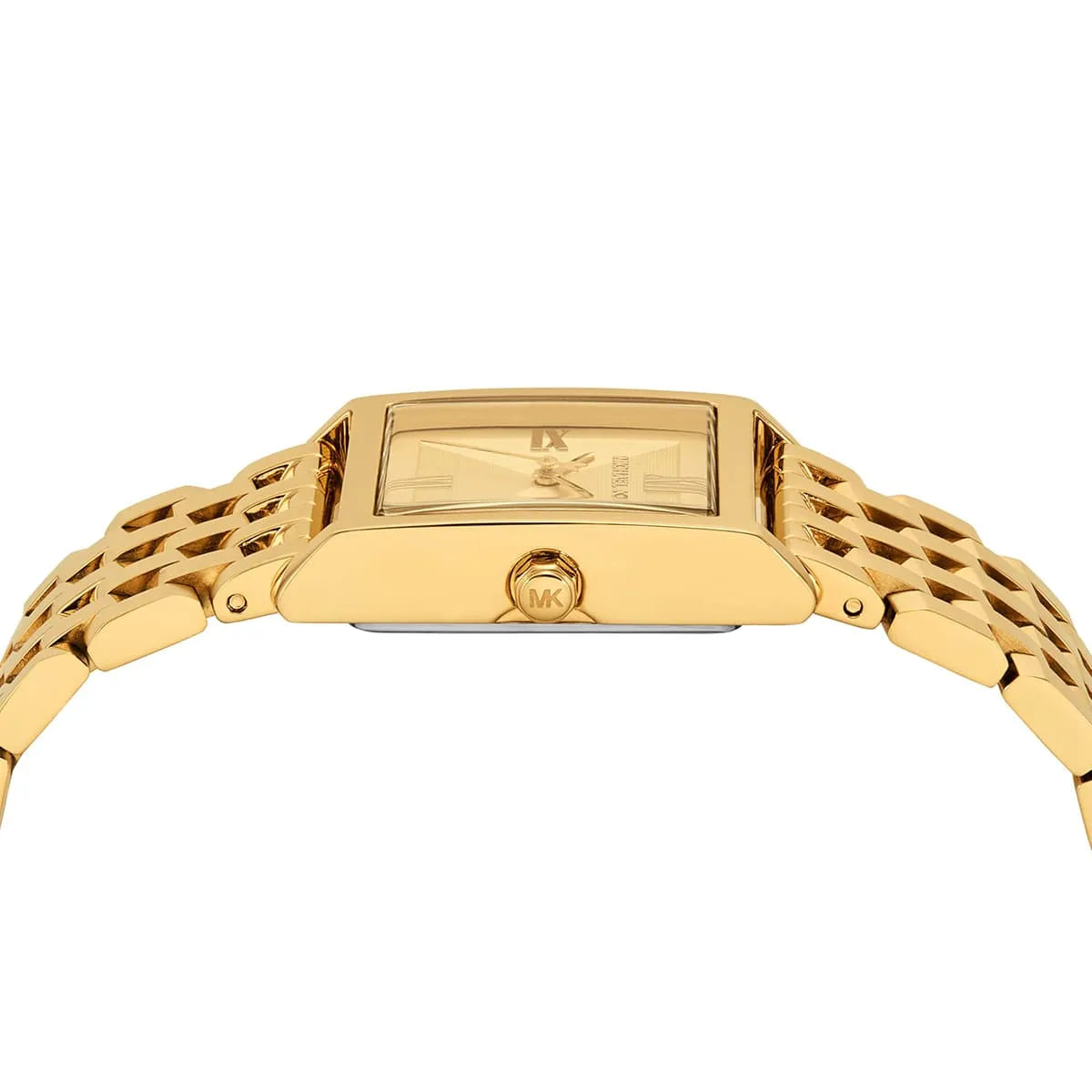Case back detail of Michael Kors Georgie watch with MK logo