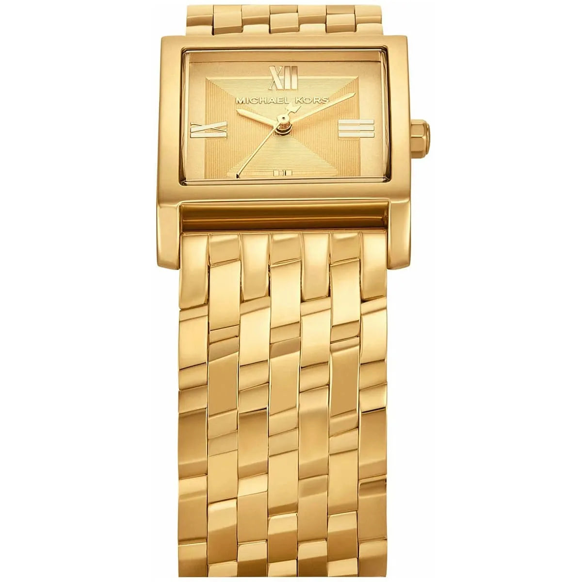 Michael Kors Georgie women's watch displayed with square gold dial and roman numeral indices
