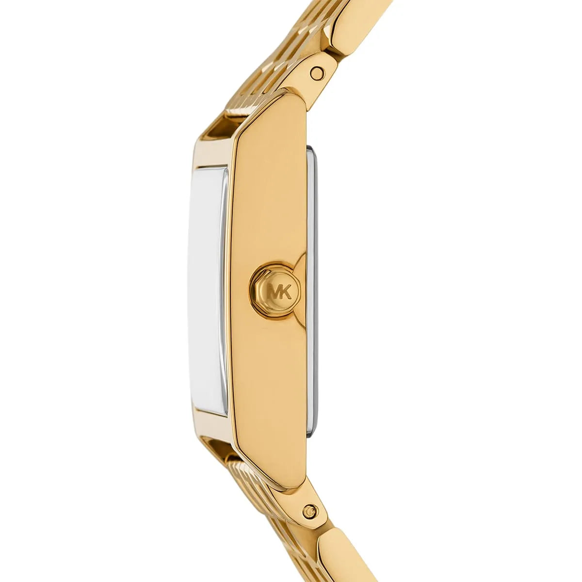 Side profile of Michael Kors Georgie watch showing square case with gold stainless steel strap