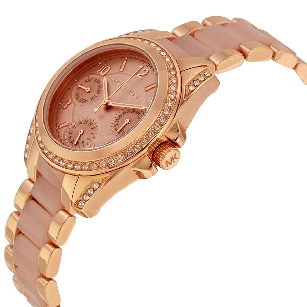Michael Kors Mini Blair watch angle view showing rose gold case, crystal bezel, and mixed metal strap