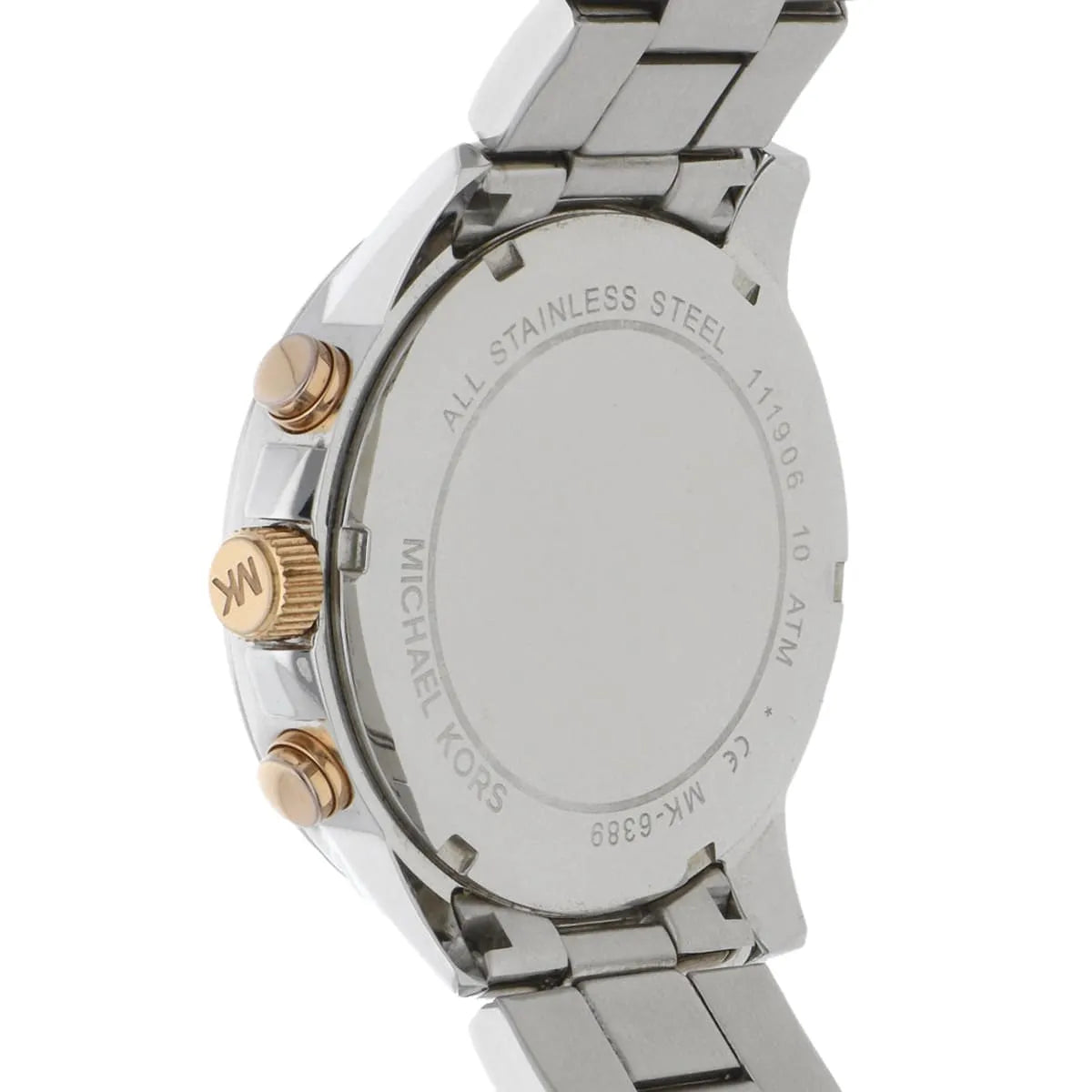 Michael Kors Bradshaw caseback showing stainless steel and MK branding