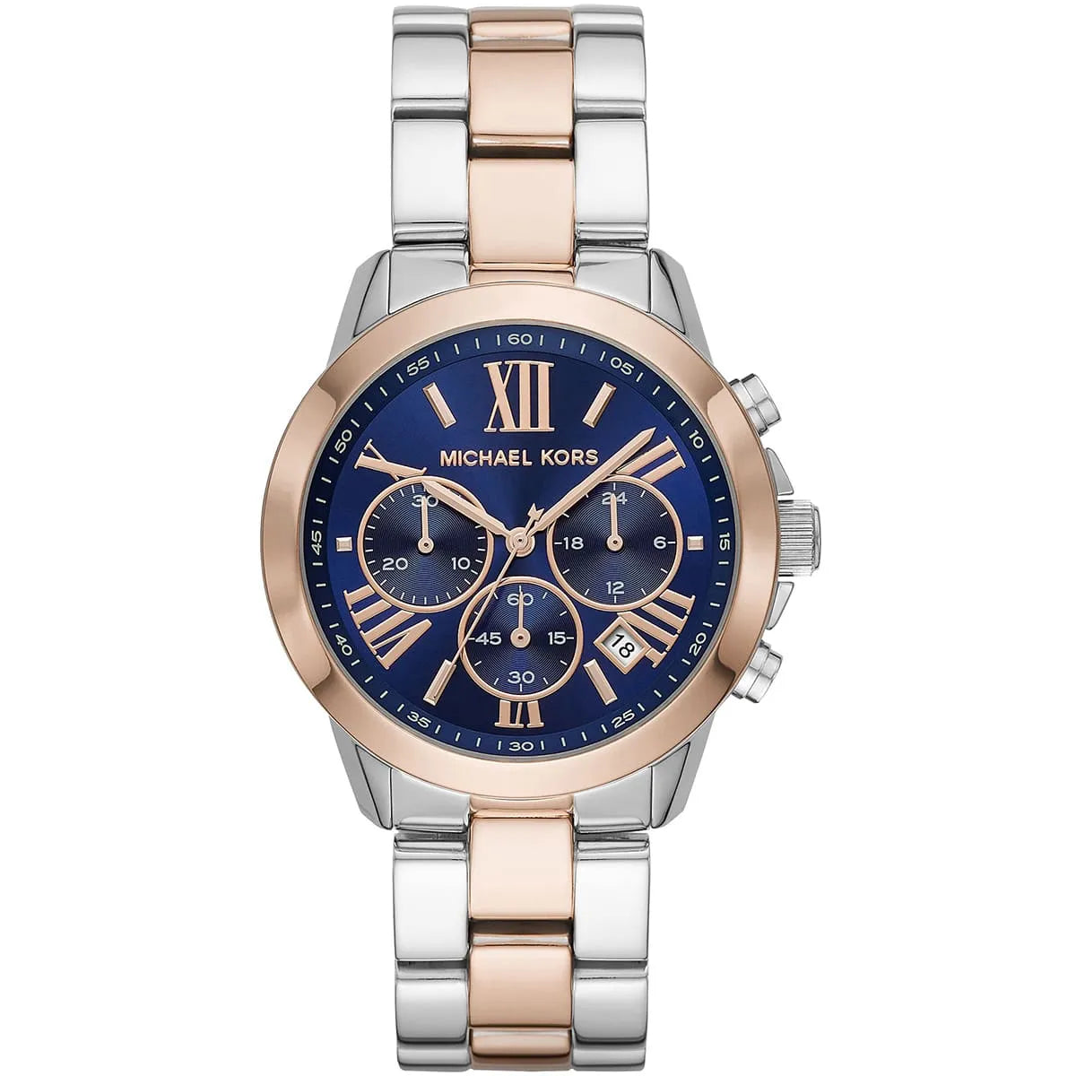Michael Kors Bradshaw MK6389 blue dial chronograph with rose gold and silver two-tone bracelet