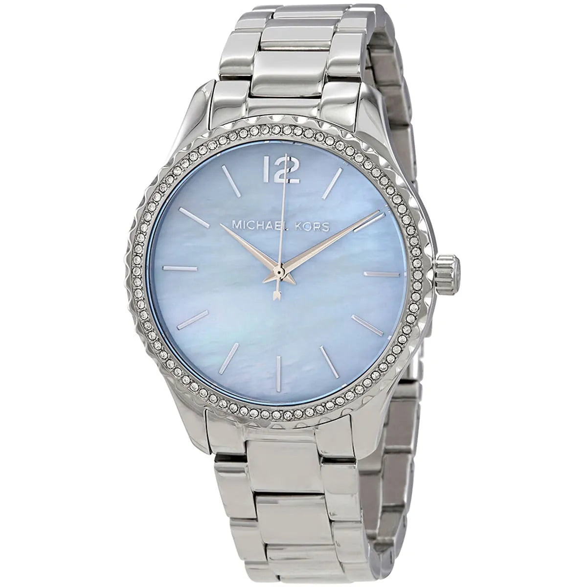 Three-quarter view of Michael Kors Layton watch with blue dial and silver metal bracelet