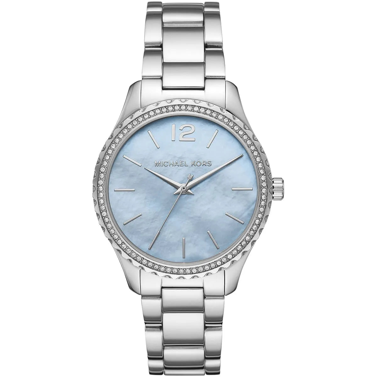 Michael Kors Layton women's watch with light blue mother-of-pearl dial, crystal bezel, and silver stainless steel bracelet
