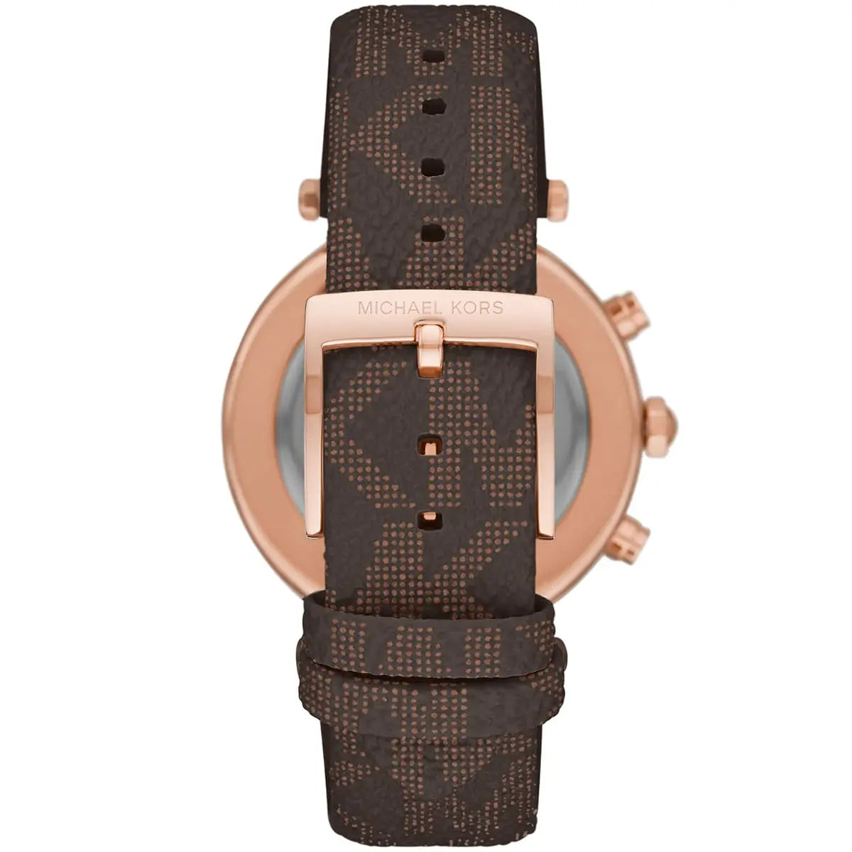 Michael Kors Parker Pavé watch caseback view showing rose gold case and brown patterned strap