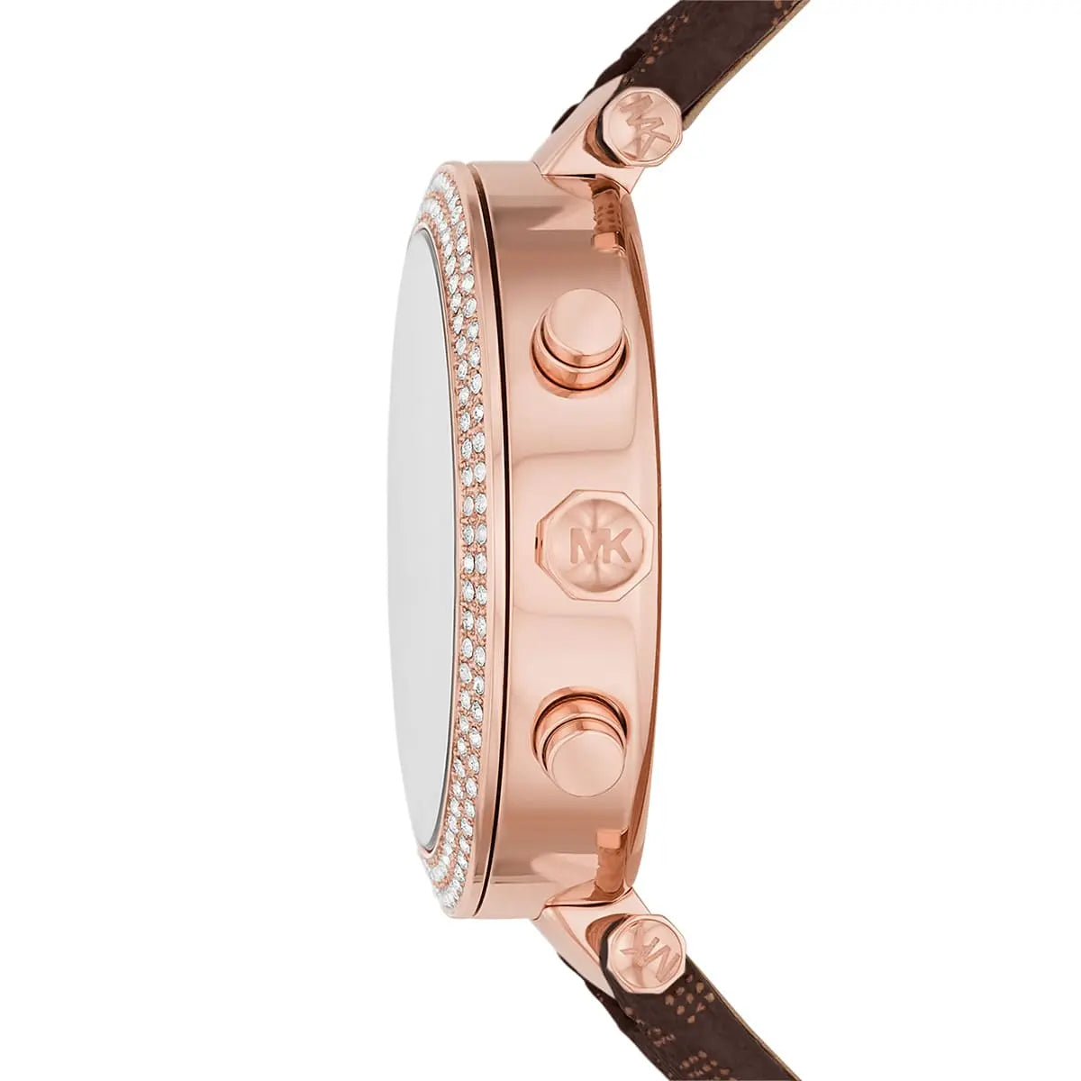 Michael Kors Parker Pavé watch side view showing rose gold case with crystal-set bezel and brown strap