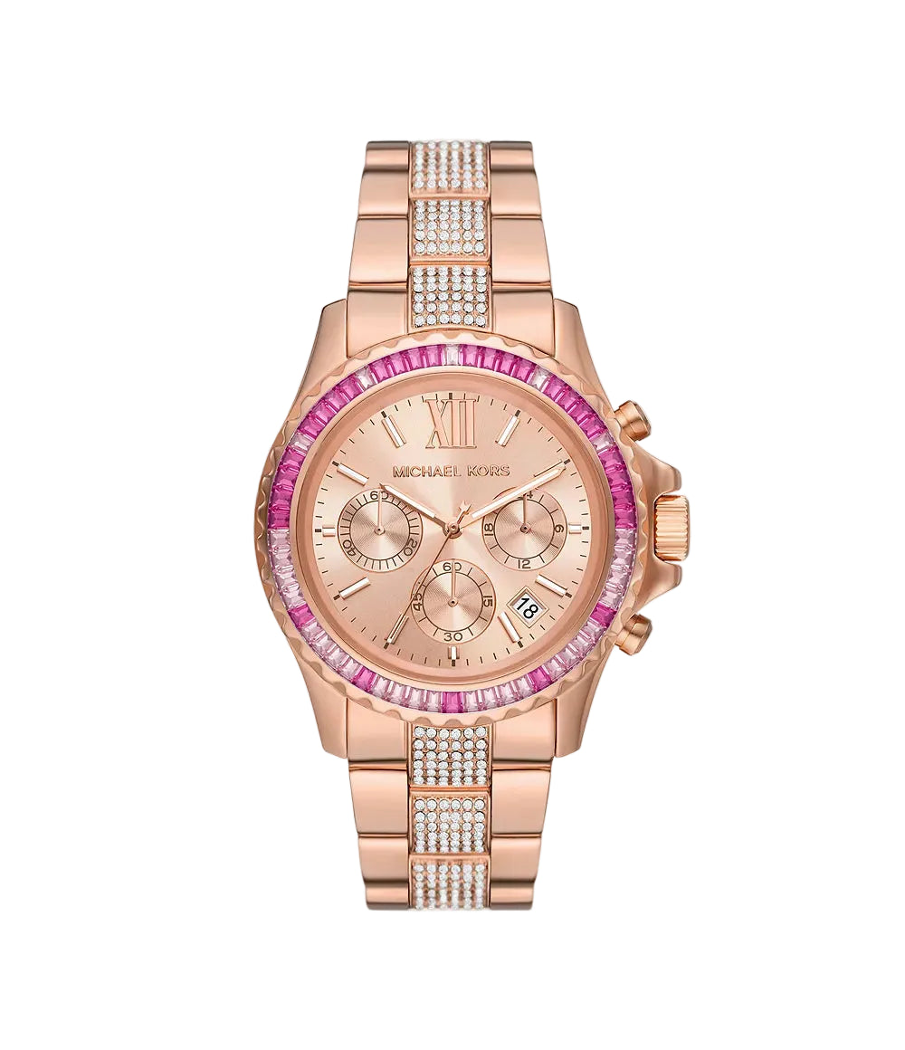 MK7211 rose gold ladies watch with pavé crystal bracelet and chronograph subdials
