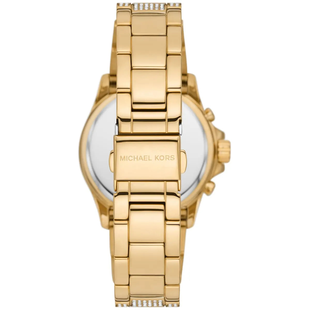 MK7254 three-quarter view displaying gold-tone link bracelet with crystal pave detail