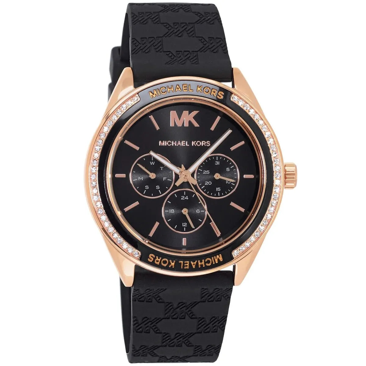 Michael Kors Jessa MK7266 watch at angle showing chronograph subdials on black dial with rose gold accents