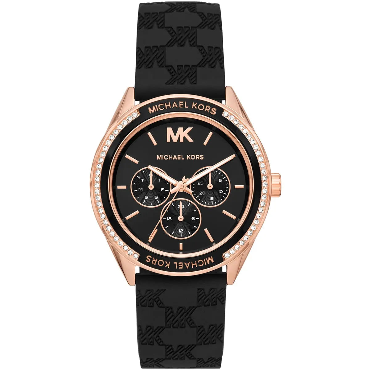 Michael Kors Jessa MK7266 multifunction watch with black dial, rose gold case, and black silicone strap