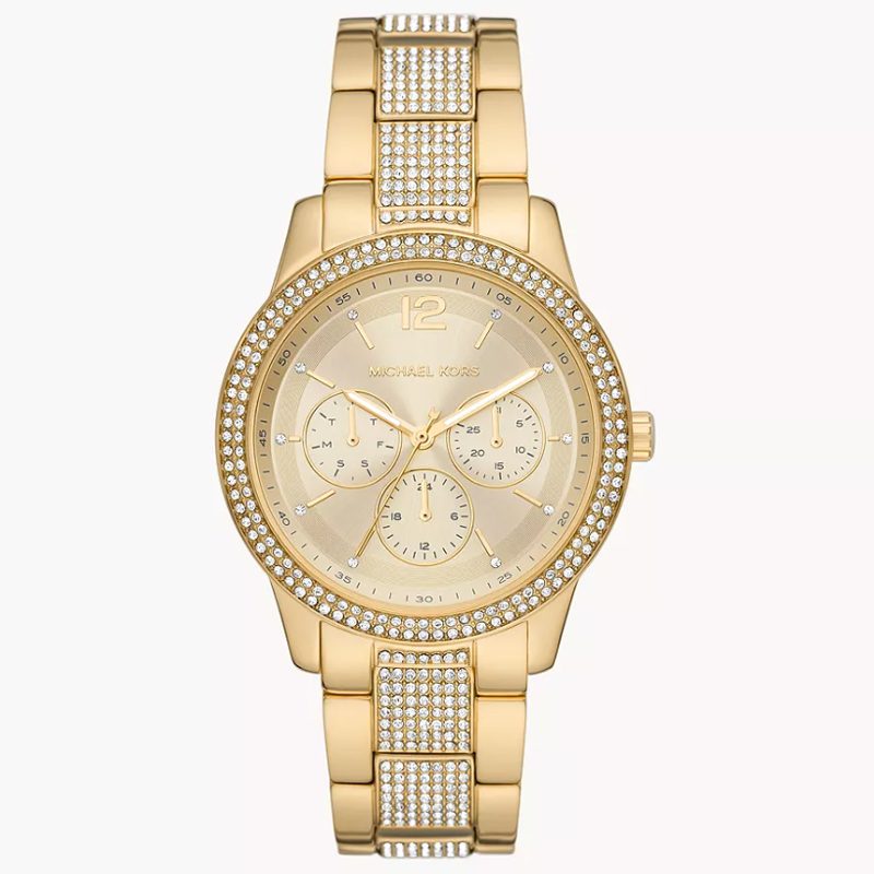 Michael Kors Tibby MK7292 gold multifunction watch with crystal bezel and matching gold bracelet