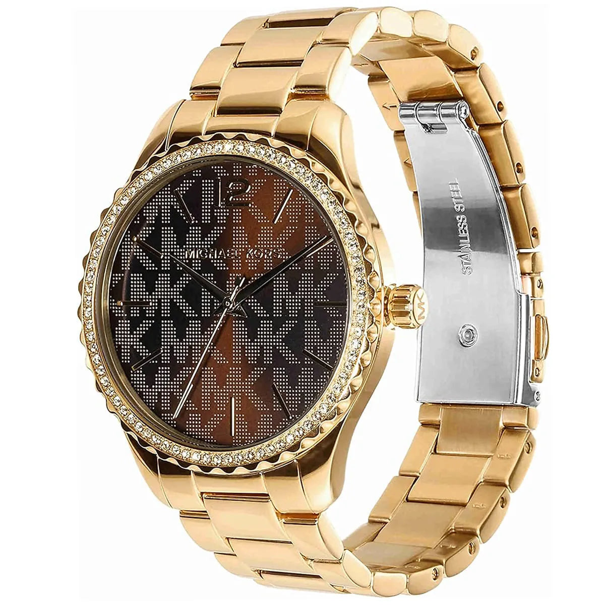 Michael Kors MK7296 watch angled view showing brown dial and metal bracelet with clasp