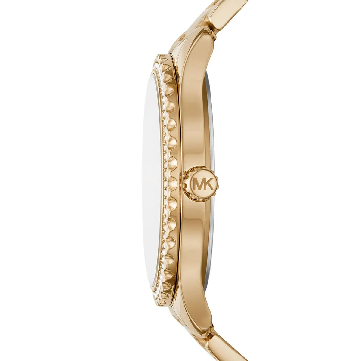 Side profile of Michael Kors watch showing crystal-encrusted bezel and metal bracelet