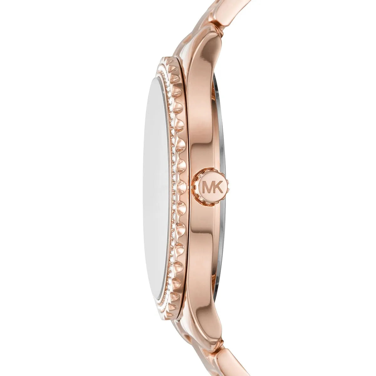 Michael Kors Layton MK7297 side profile showing crystal-set bezel and rose gold case thickness