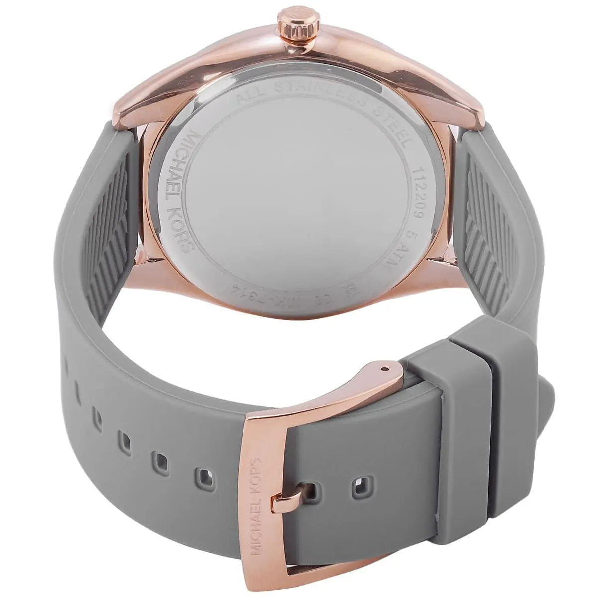 Michael Kors Janelle watch caseback displaying engraved details and stainless steel material