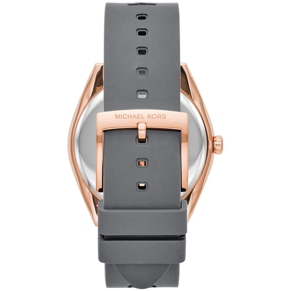 Michael Kors Janelle watch caseback showing stainless steel with MK logo and grey rubber strap