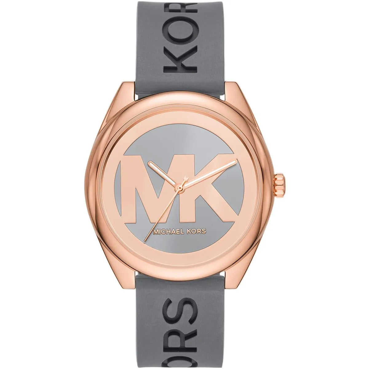 Michael Kors Janelle watch front view showing large MK logo on grey dial with rose gold case