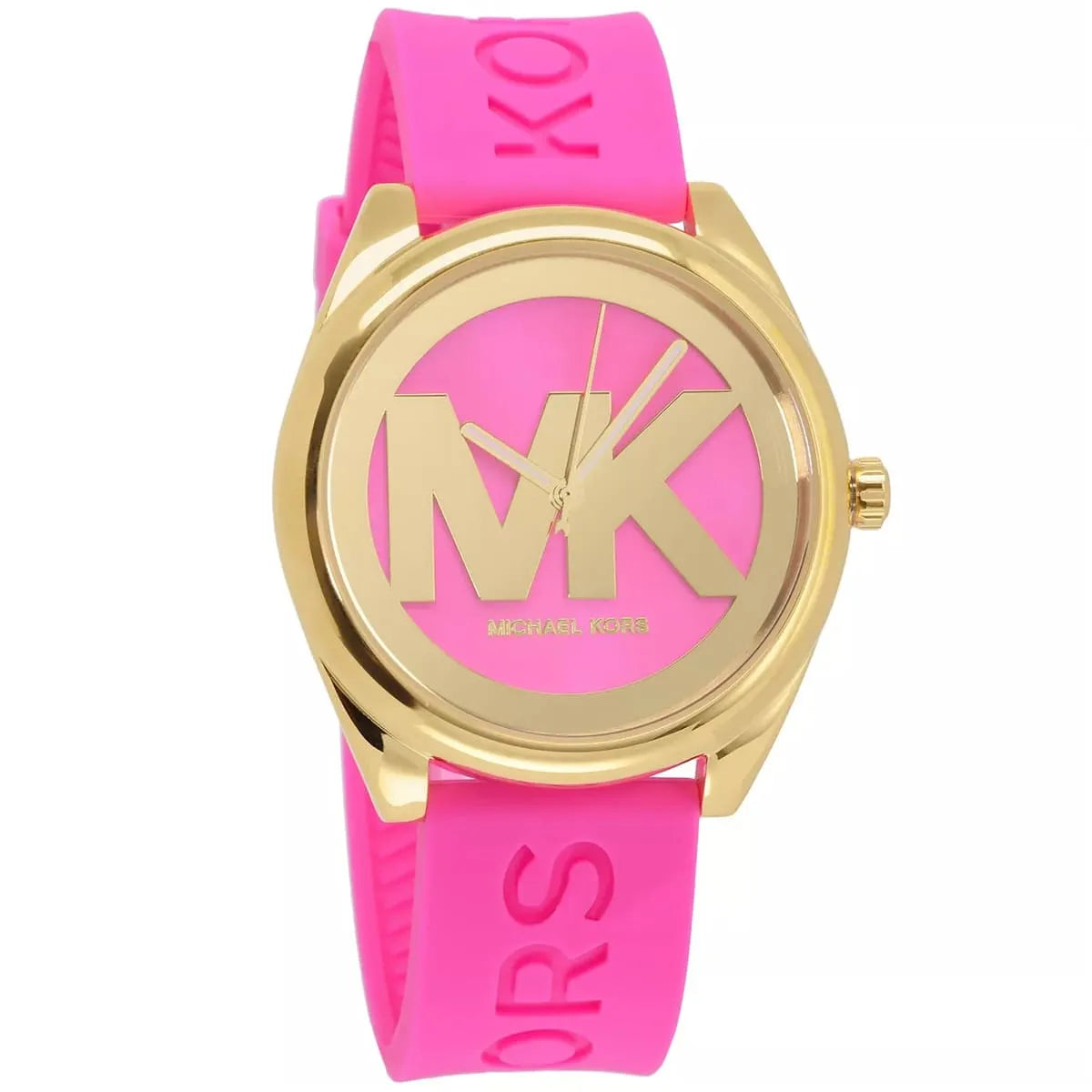Michael Kors Janelle watch angled view showing pink rubber strap and gold case