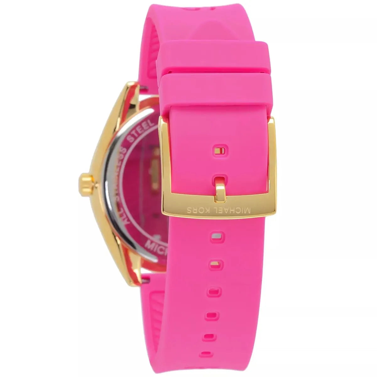 Michael Kors Janelle watch caseback showing golden crown and transparent back panel