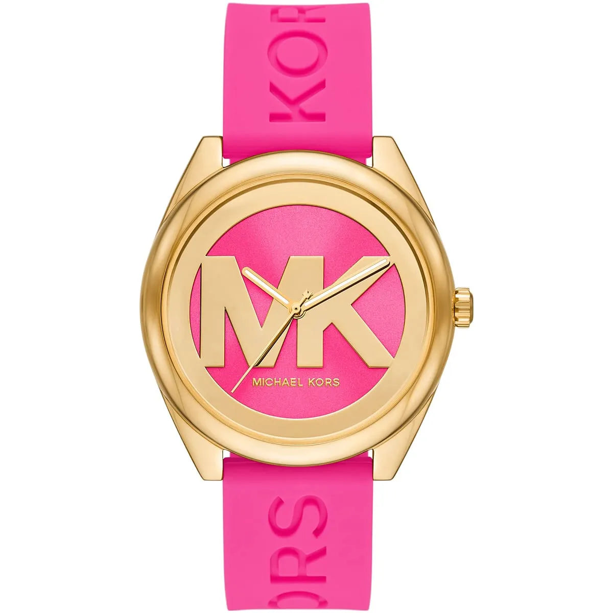 Michael Kors Janelle quartz watch pink dial with large MK logo and gold hands
