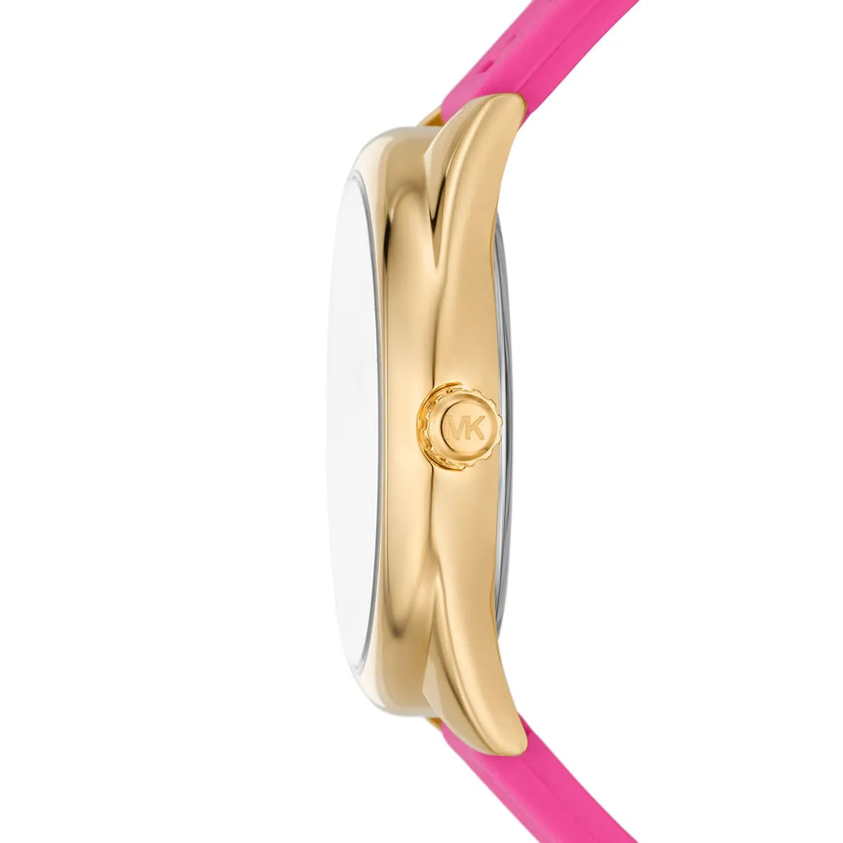 Michael Kors Janelle watch side profile showing gold-tone case and pink strap