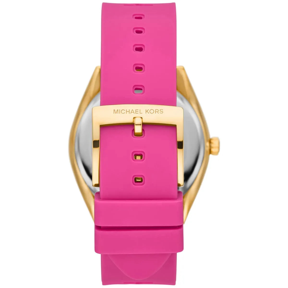Michael Kors Janelle watch strap detail showing pink rubber with adjustment holes and buckle