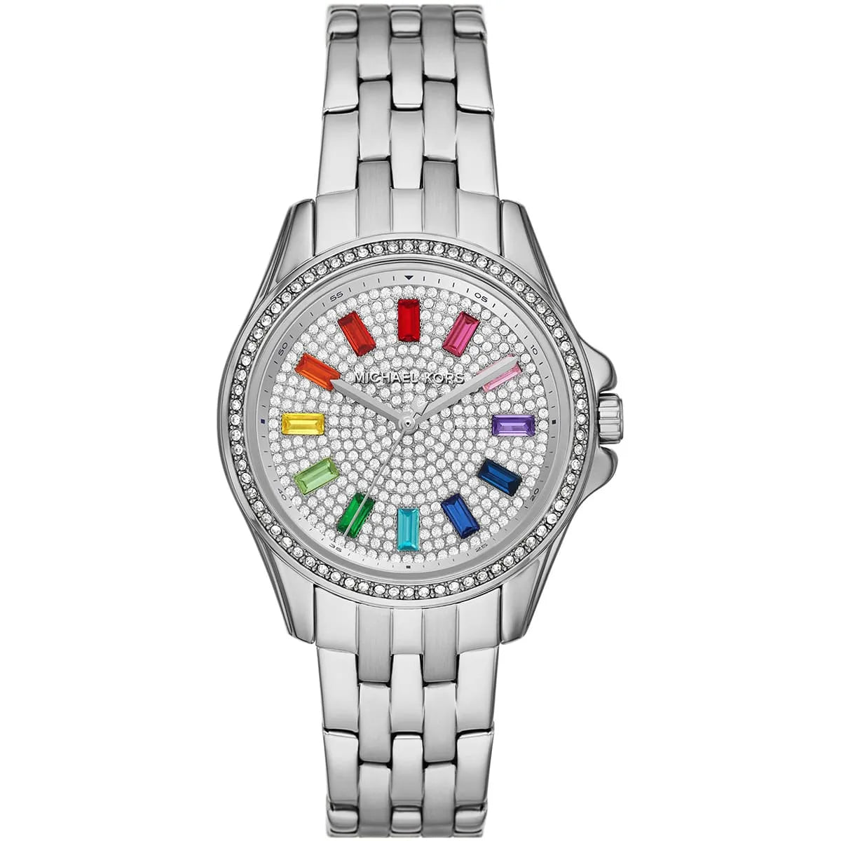 Michael Kors Mini Pilot women's watch with silver stainless steel strap and rainbow baguette pavé crystal-studded dial