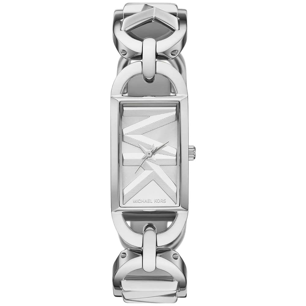 Michael Kors Mini Empire silver rectangular watch with crisscross dial and metal strap