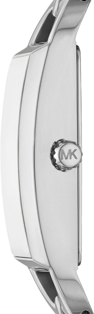 Side view of Michael Kors Mini Empire silver watch showing depth and MK logo on strap
