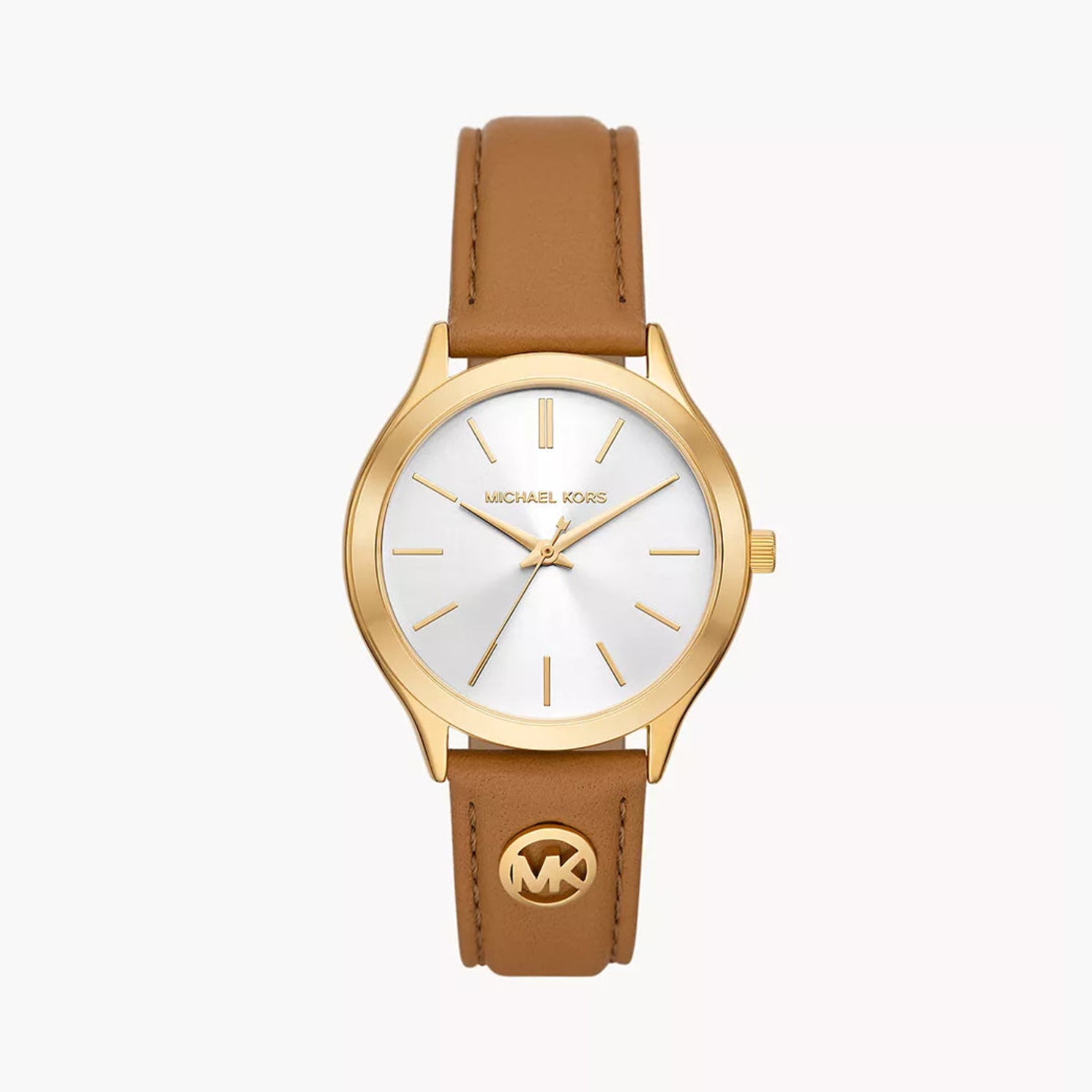 Michael Kors Slim Runway women's watch with white dial, gold-tone case, and brown leather strap