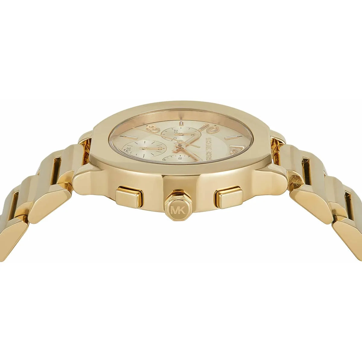 Michael Kors Gramercy chronograph watch angled view with gold bracelet