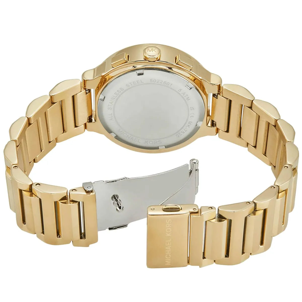 Michael Kors Gramercy watch caseback showing gold case and strap with fold-over clasp