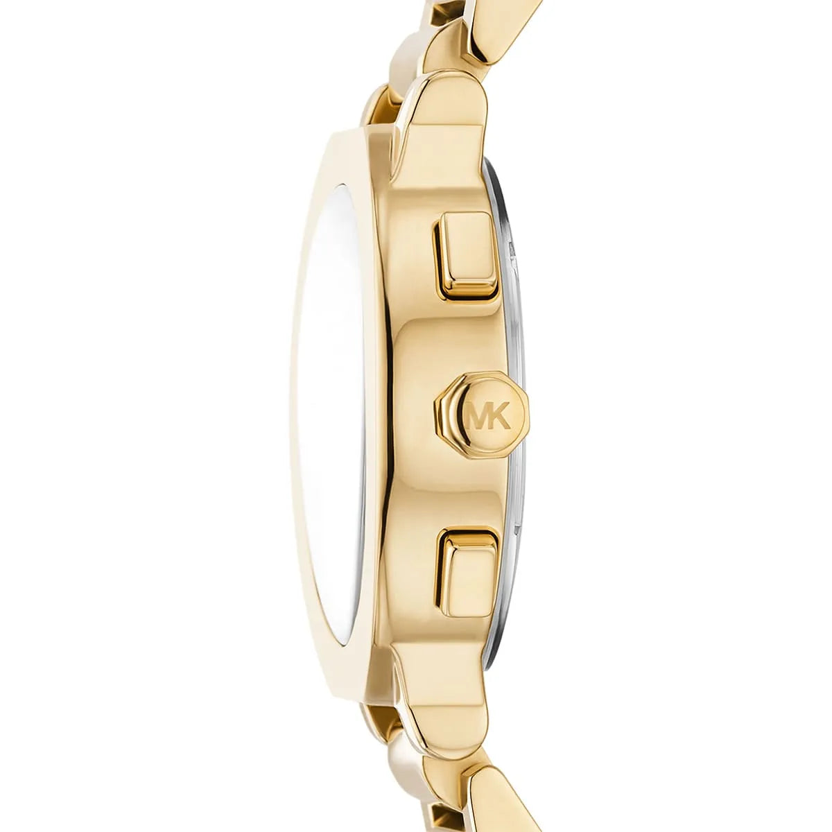 Michael Kors MK7520 watch side profile with push buttons and gold bracelet
