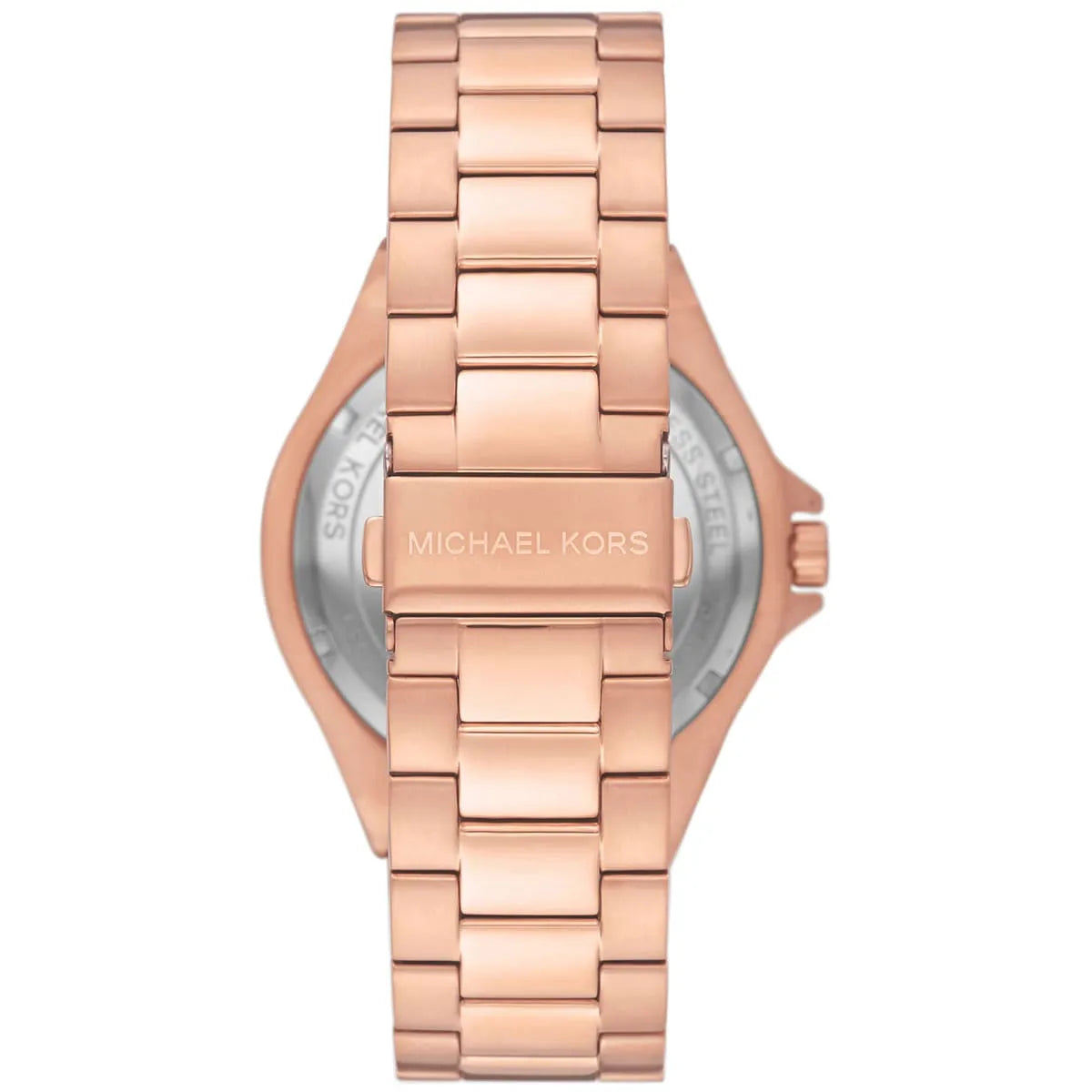 Michael Kors Lennox chronograph watch caseback and bracelet displaying engraved details