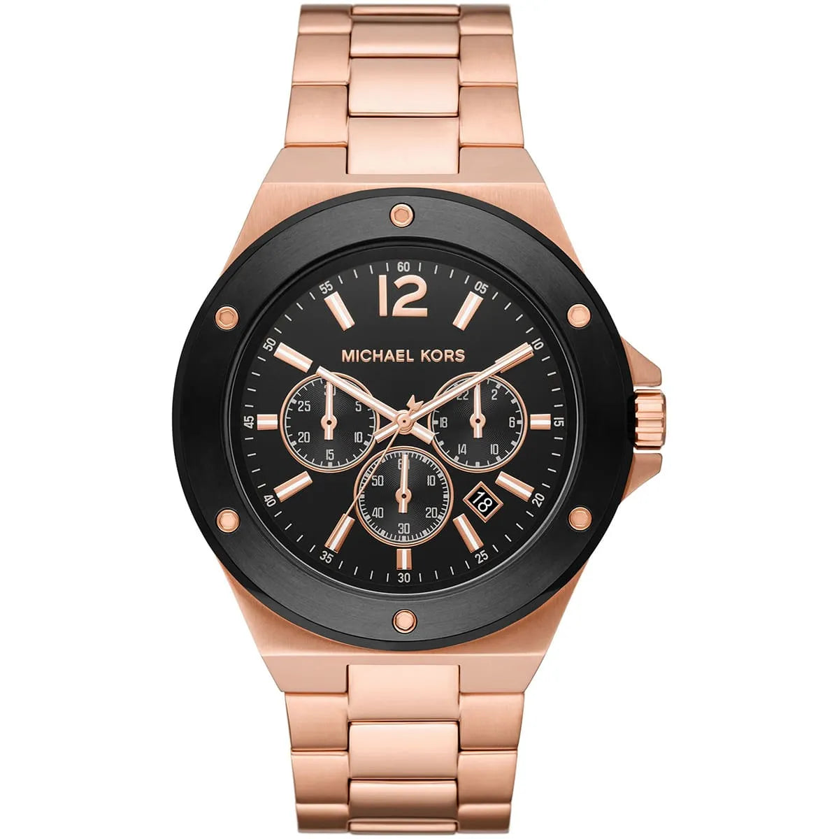 Michael Kors Lennox chronograph watch with black dial and rose-gold metal bracelet
