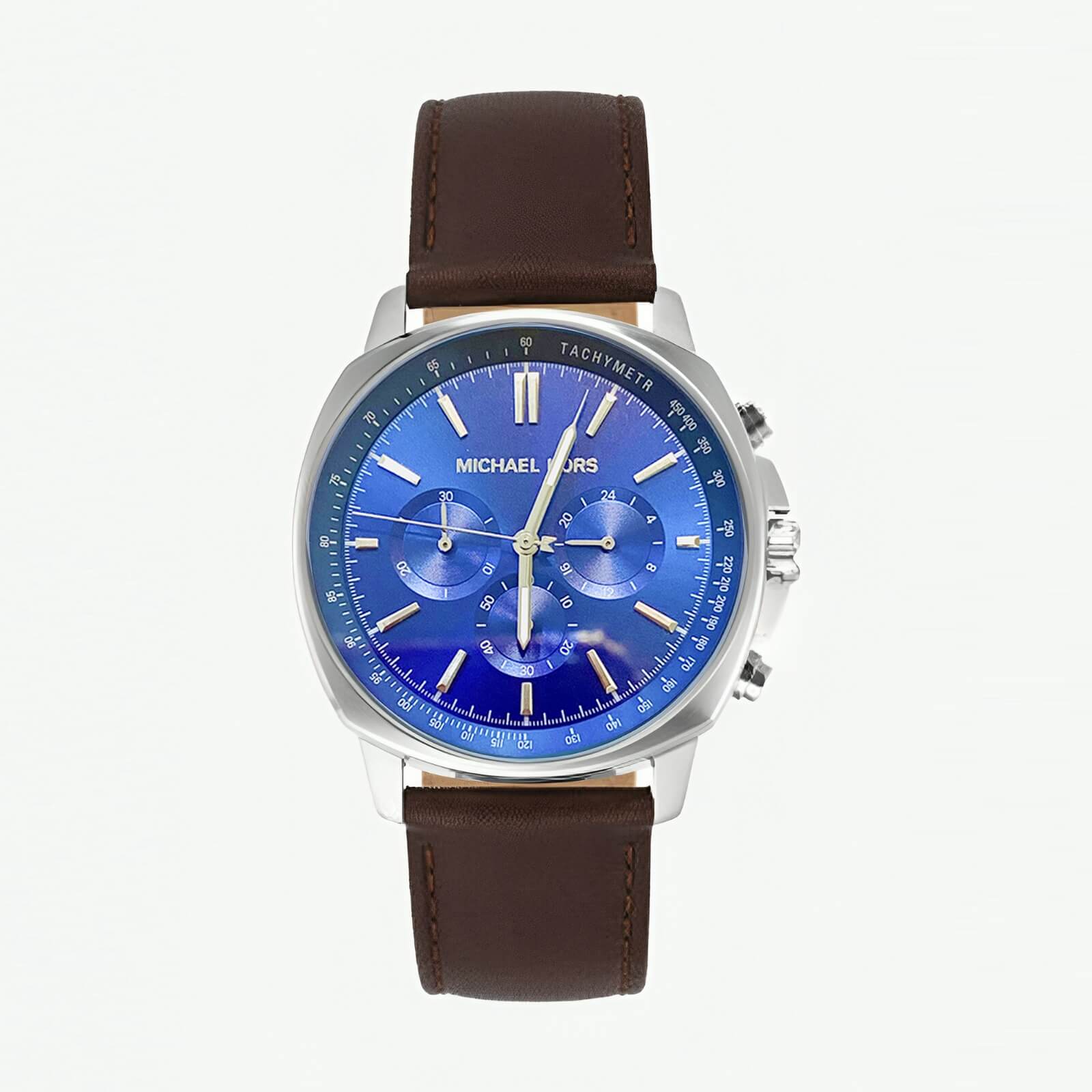 Michael Kors MK8996 men's chronograph watch with blue dial, silver case, and brown leather strap