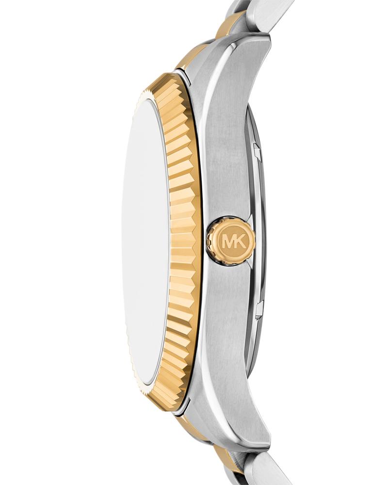 Side profile of Michael Kors Lexington showing case thickness and gold-tone fluted bezel