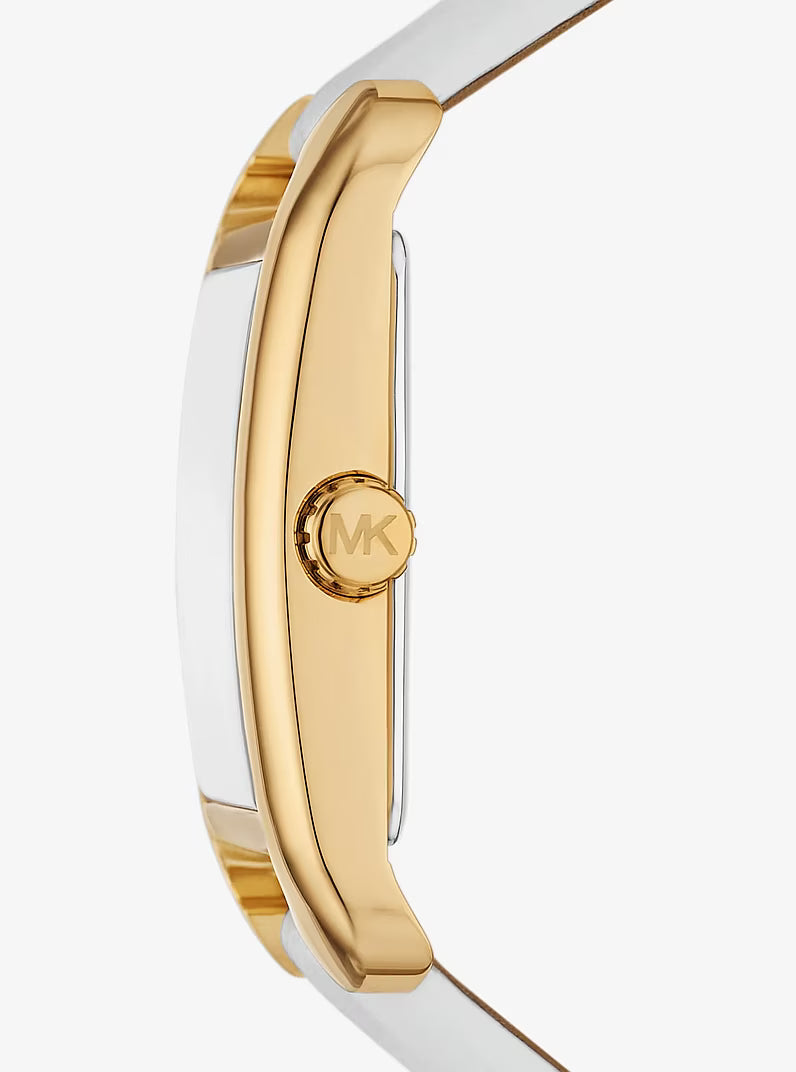 Michael Kors Petite watch side profile showing gold-tone case thickness and white leather strap