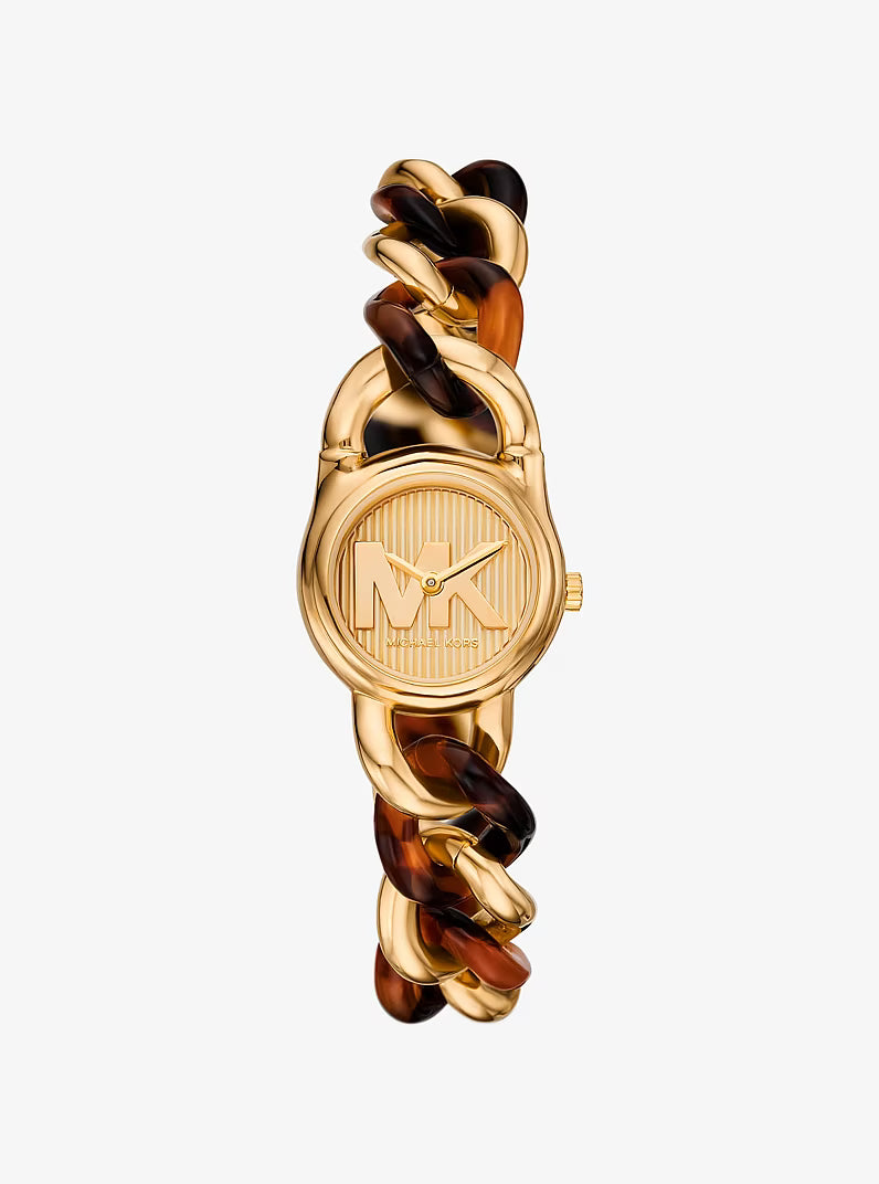Michael Kors Petite Lock watch with gold-tone case and tortoiseshell acetate chain