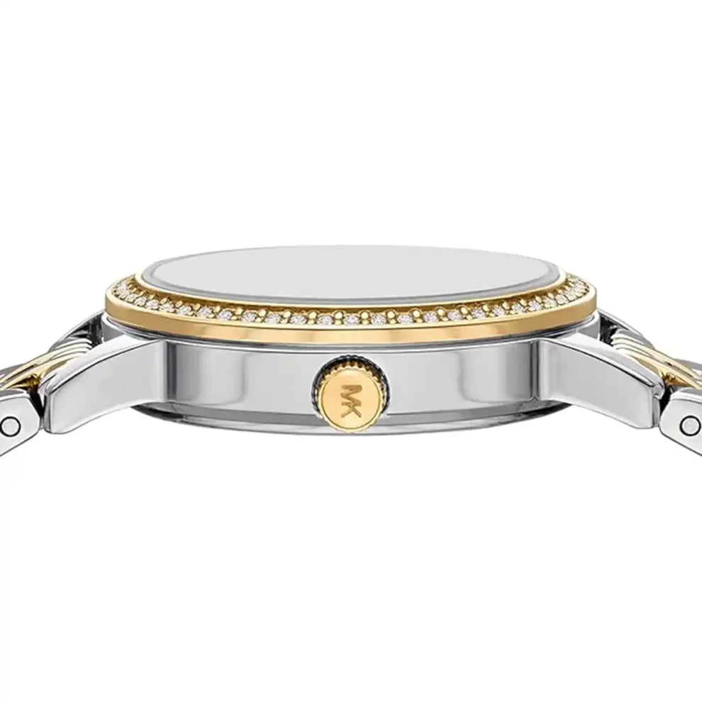 Side view of Michael Kors watch showing stainless steel case with gold accent and Michael Kors crown logo
