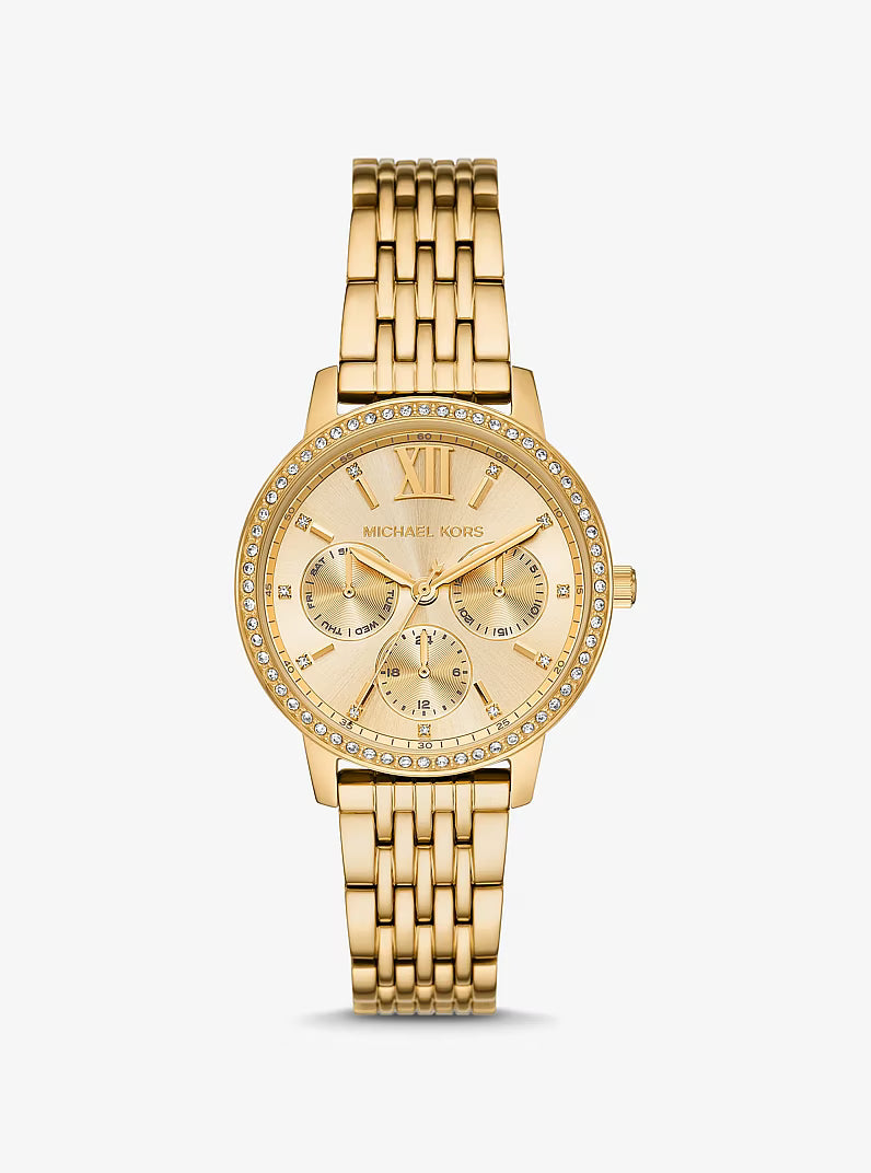 Michael Kors Layton gold chronograph watch with diamond bezel and champagne dial