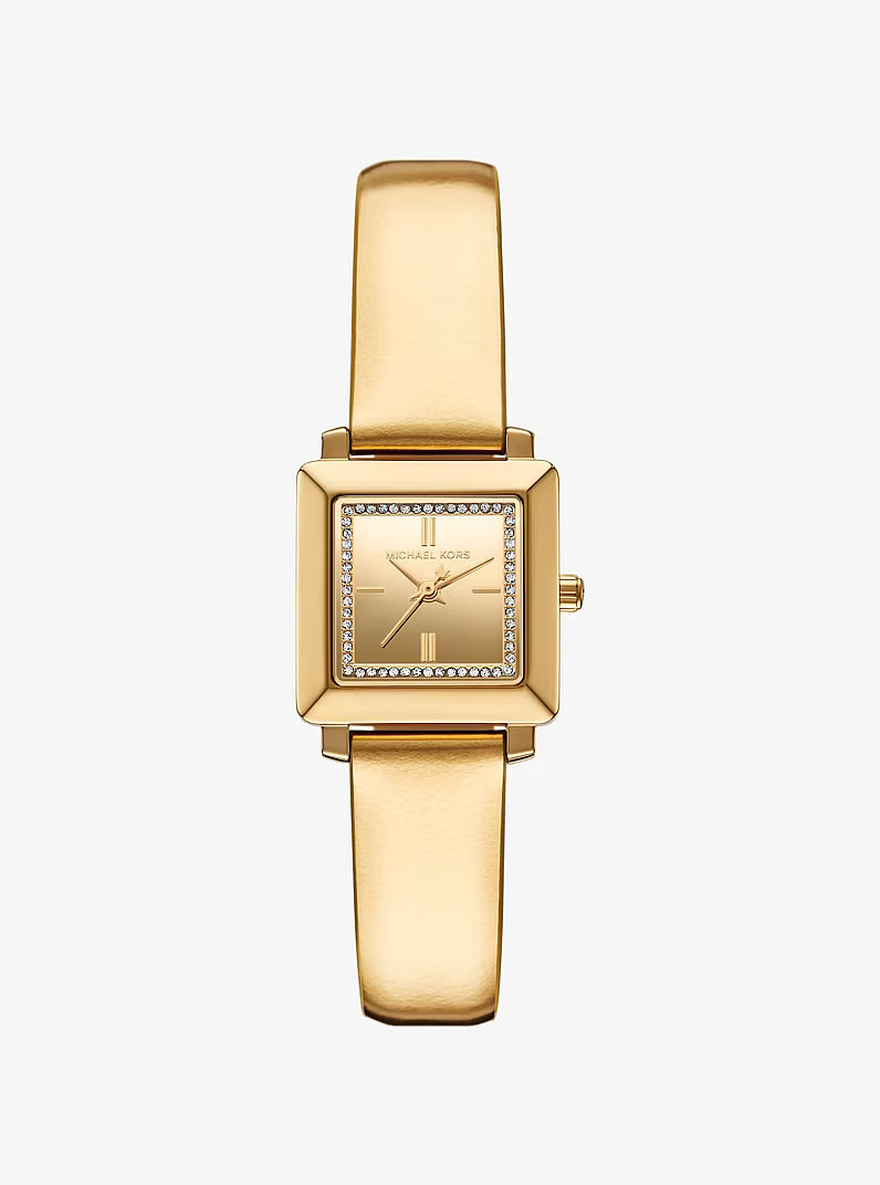 Michael Kors MKO1218 gold-tone square watch with crystal bezel and champagne dial
