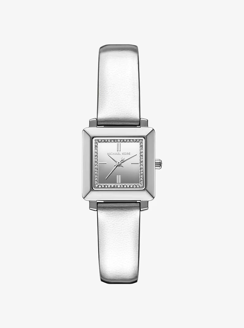 Michael Kors white leather women's watch with square silver dial and crystal-set bezel
