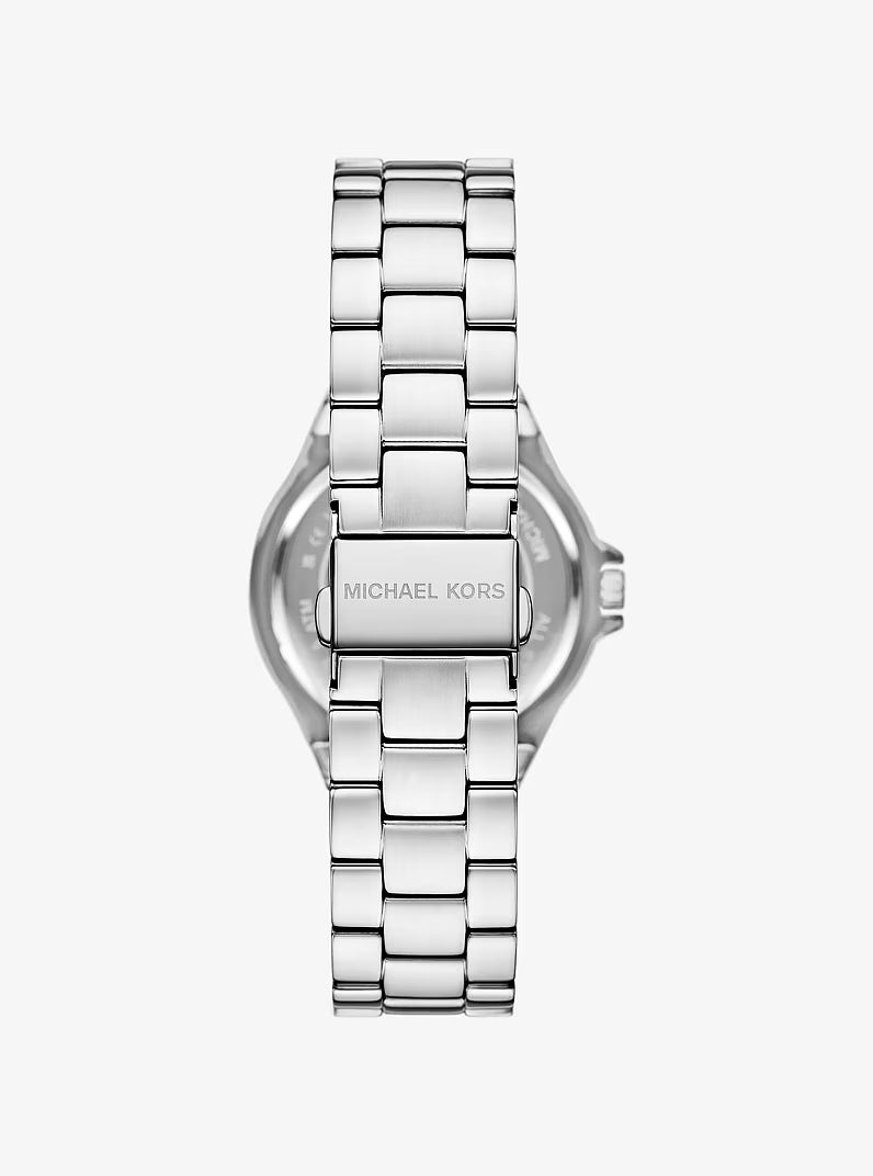 Back view of Michael Kors Lennox watch showing caseback and stainless steel bracelet