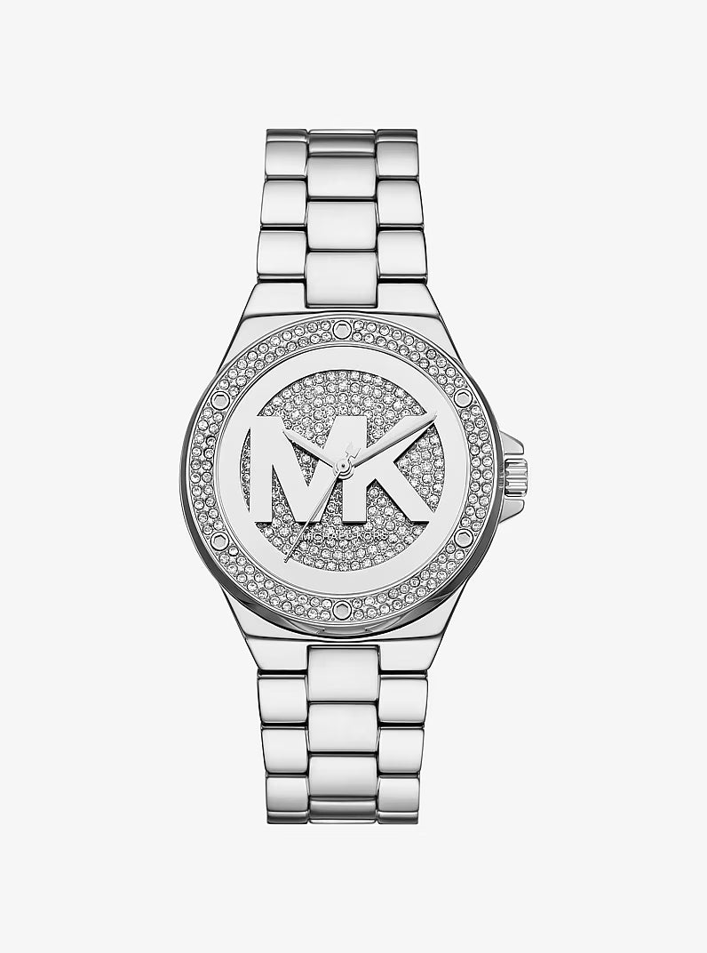 Michael Kors Lennox silver-tone women's watch with pavé dial and crystal-embellished bezel
