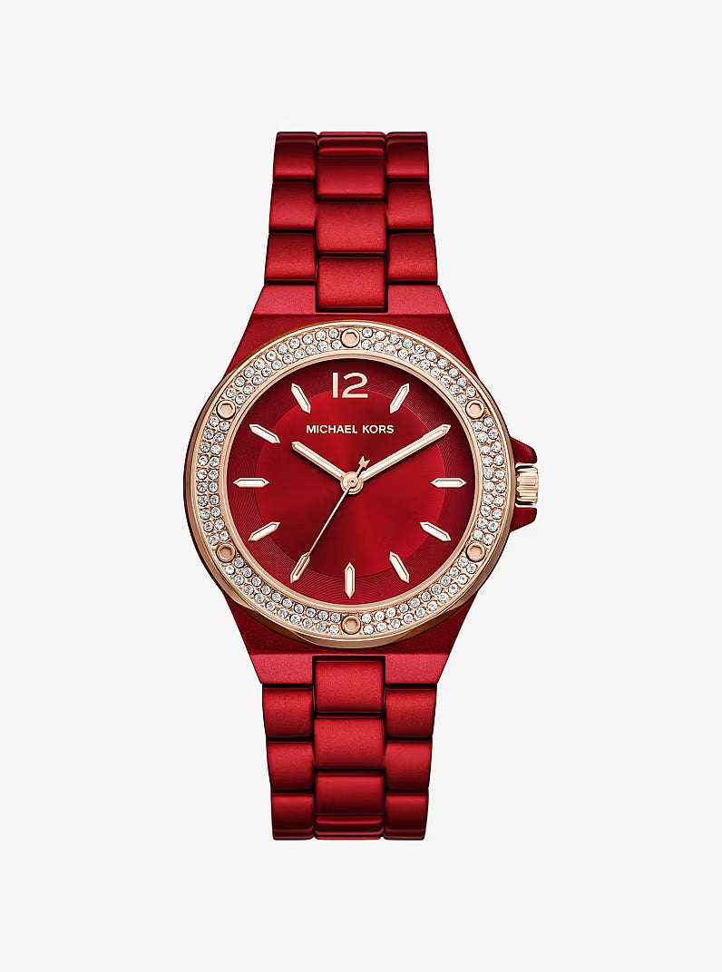 Michael Kors Lennox red-tone women's watch with pavé crystal bezel and matching bracelet