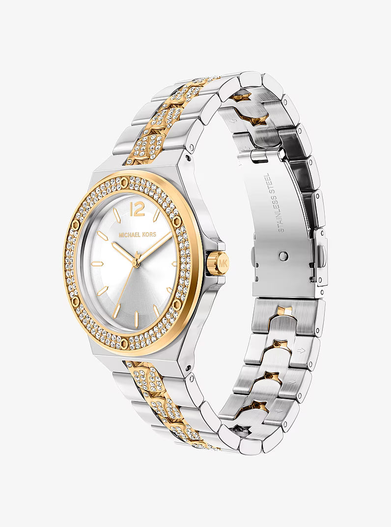 Michael Kors Lennox women's watch angled view with crystal-set bezel and two-tone mixed metal design